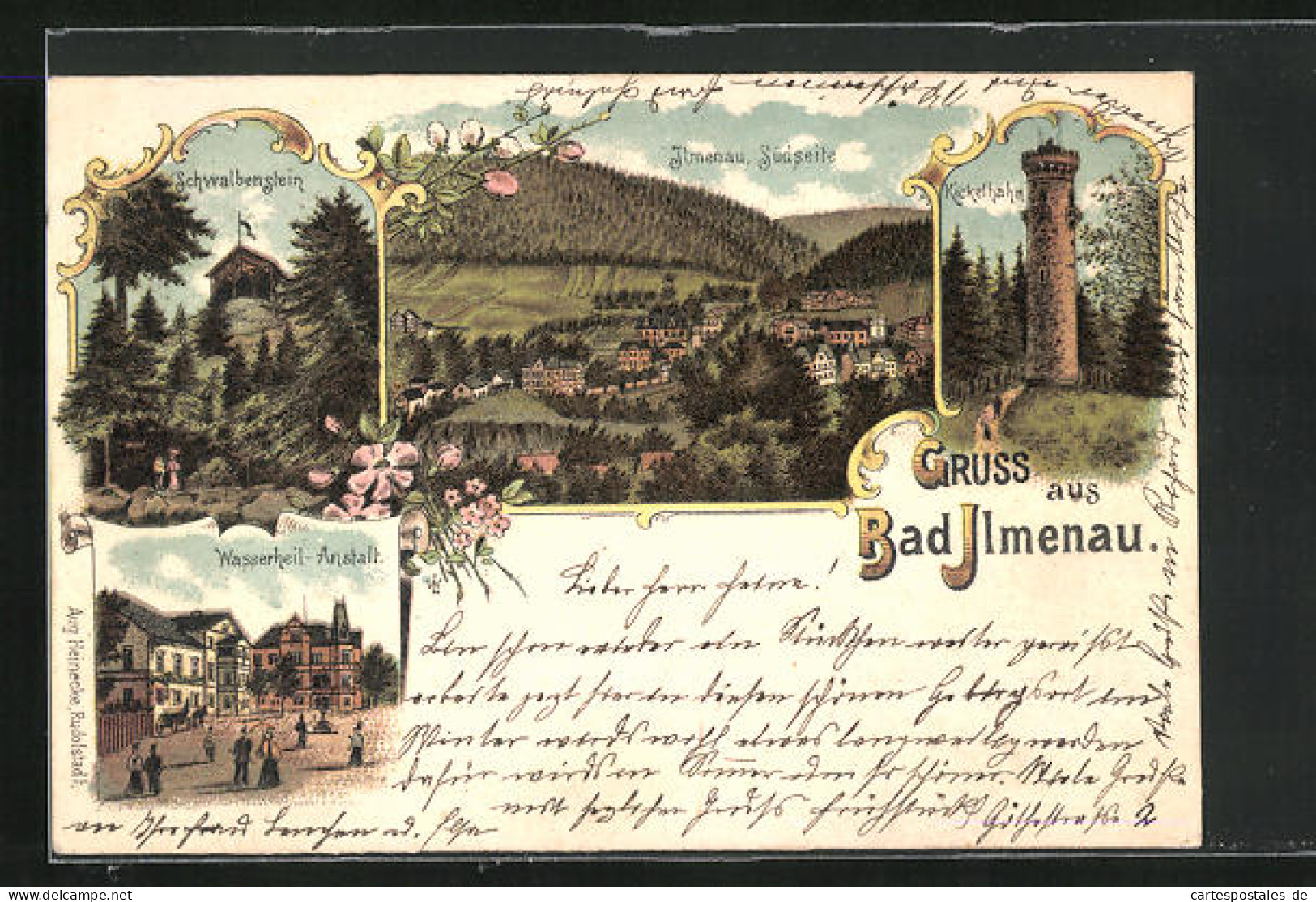 Lithographie Bad Ilmenau, Schwalbenstein, Wasserheil-Anstalt  - Ilmenau