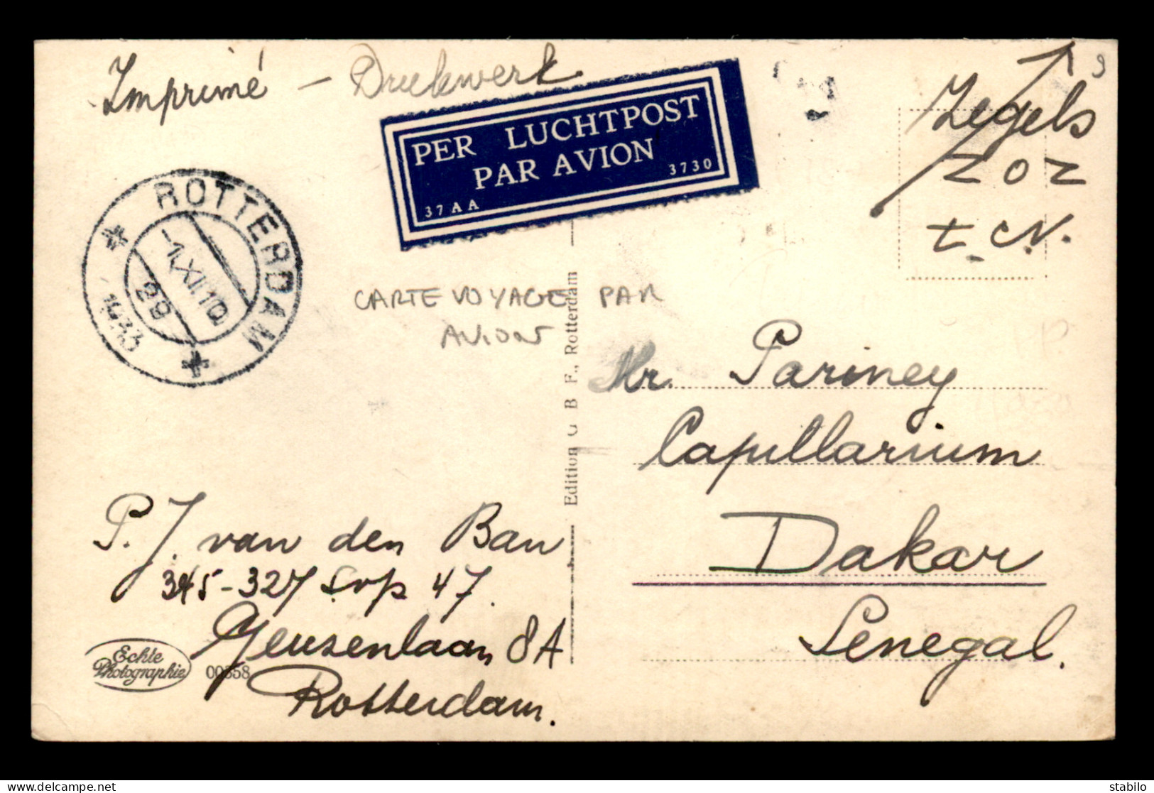 CARTE VOYAGE PAR AVION ENTRE ROTTERDAM (PAYS-BAS) ET DAKAR (SENEGAL) EN 1933 - Postal History