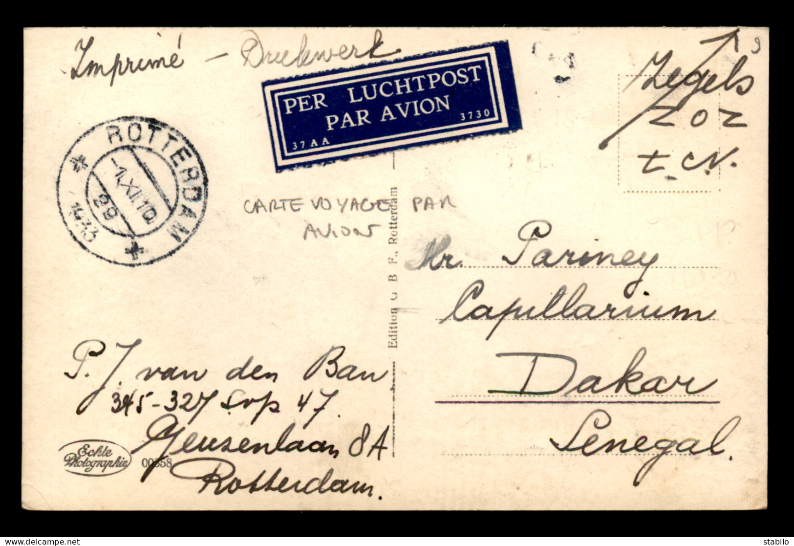 CARTE VOYAGE PAR AVION ENTRE ROTTERDAM (PAYS-BAS) ET DAKAR (SENEGAL) EN 1933 - Marcofilia