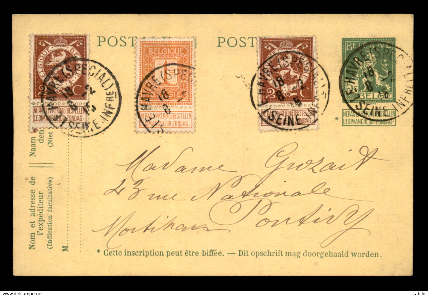 BELGIQUE - AFFANCHISSEMENT MIXTE AVEC OBLITERATION LE HAVRE SPECIAL SUR ENTIER POSTAL DU 8.02.1915 - Briefe U. Dokumente