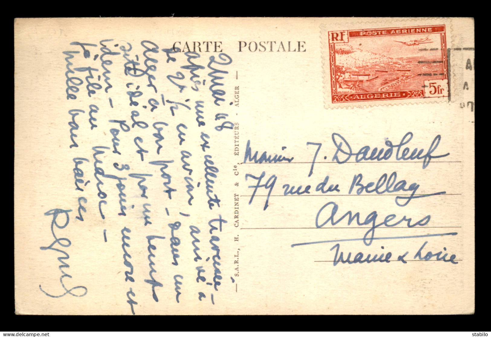 ALGERIE - 5 FR POSTE AERIENNE SEUL SUR CARTE D'ALGER - LA PLACE BUGEAUD - Airmail