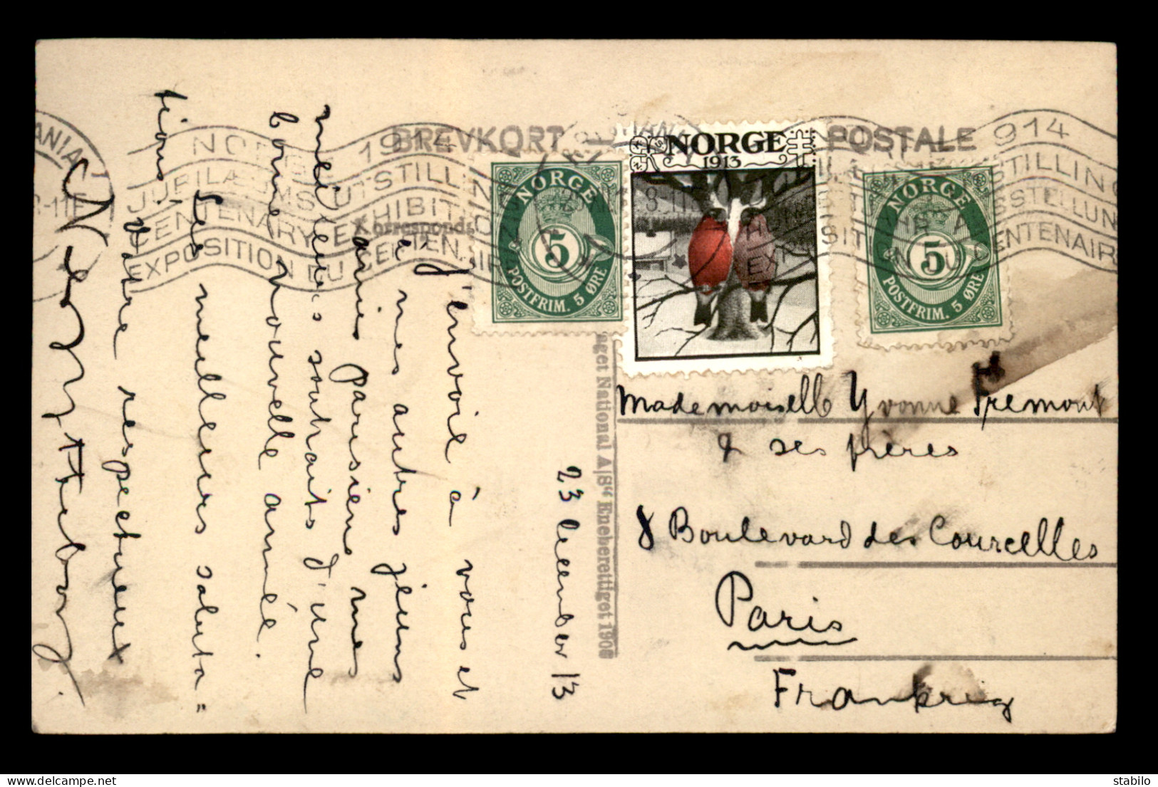 NORVEGE - OBLITERATION EXPOSITION DU CENTENAIRE 1914 DU 23.12.1913 AVEC VIGNETTE NORGE 1913 SUR CARTE STEREO - Covers & Documents