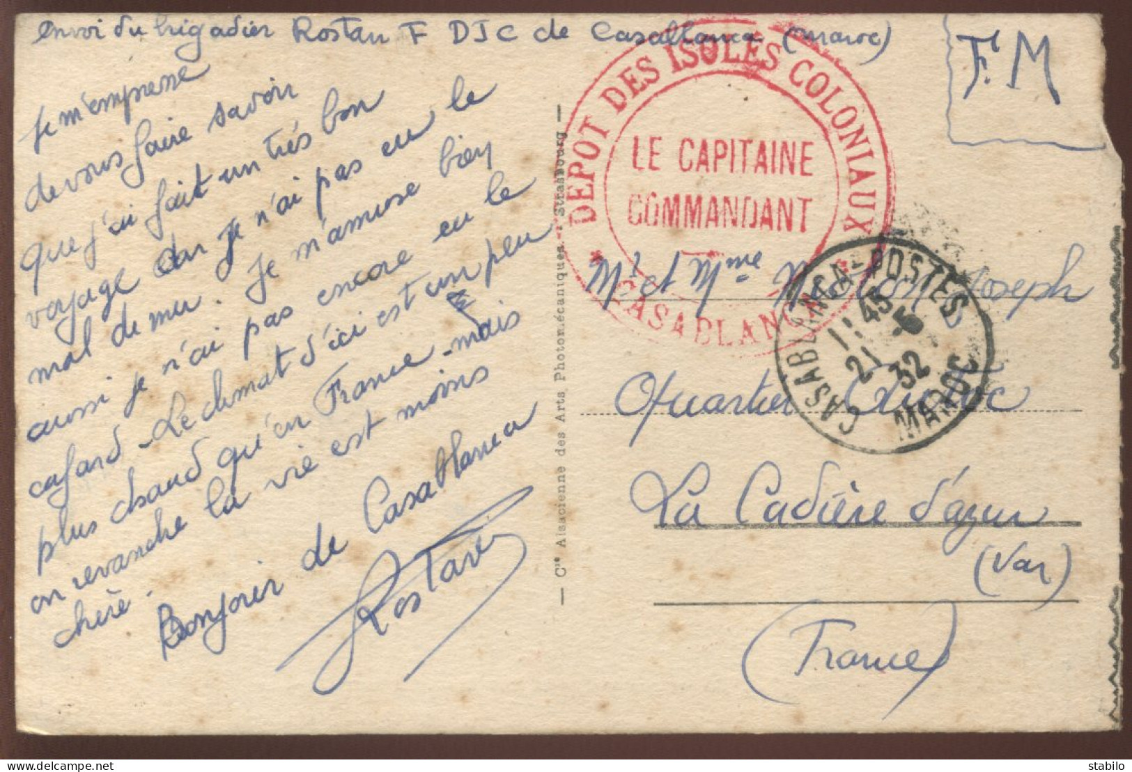 CACHET DU CAPITAINE COMMANDANT LE DEPOT DES ISOLES COLONIAUX DE CASABLANCA MAROC 21.5.1932 - Military Postmarks From 1900 (out Of Wars Periods)