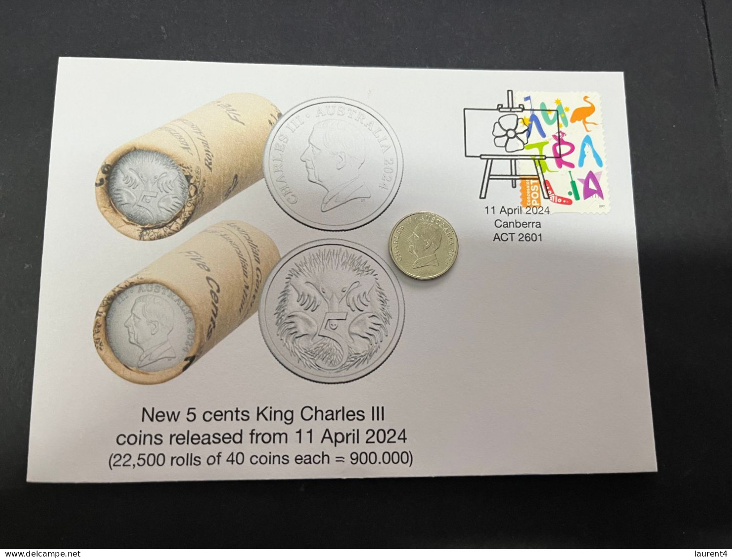 17-4-2024 (2 Z 17) NEW 5 Cents King Charles III Coin (released On 11 April 2024) Single Coin (with OZ Stamp) - 5 Cents