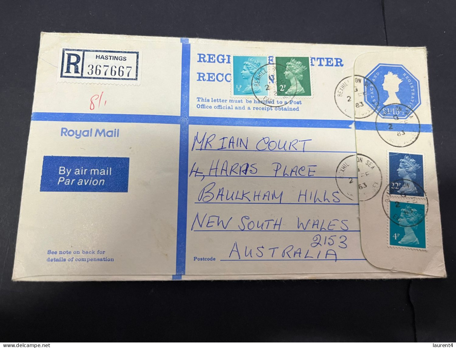 17-4-2024 (2 Z 17) UK Registered Cover Poted To Australia - 1983 - Size Is 20 X 12.1 Cm (with Many Additional Stamps) - Lettres & Documents