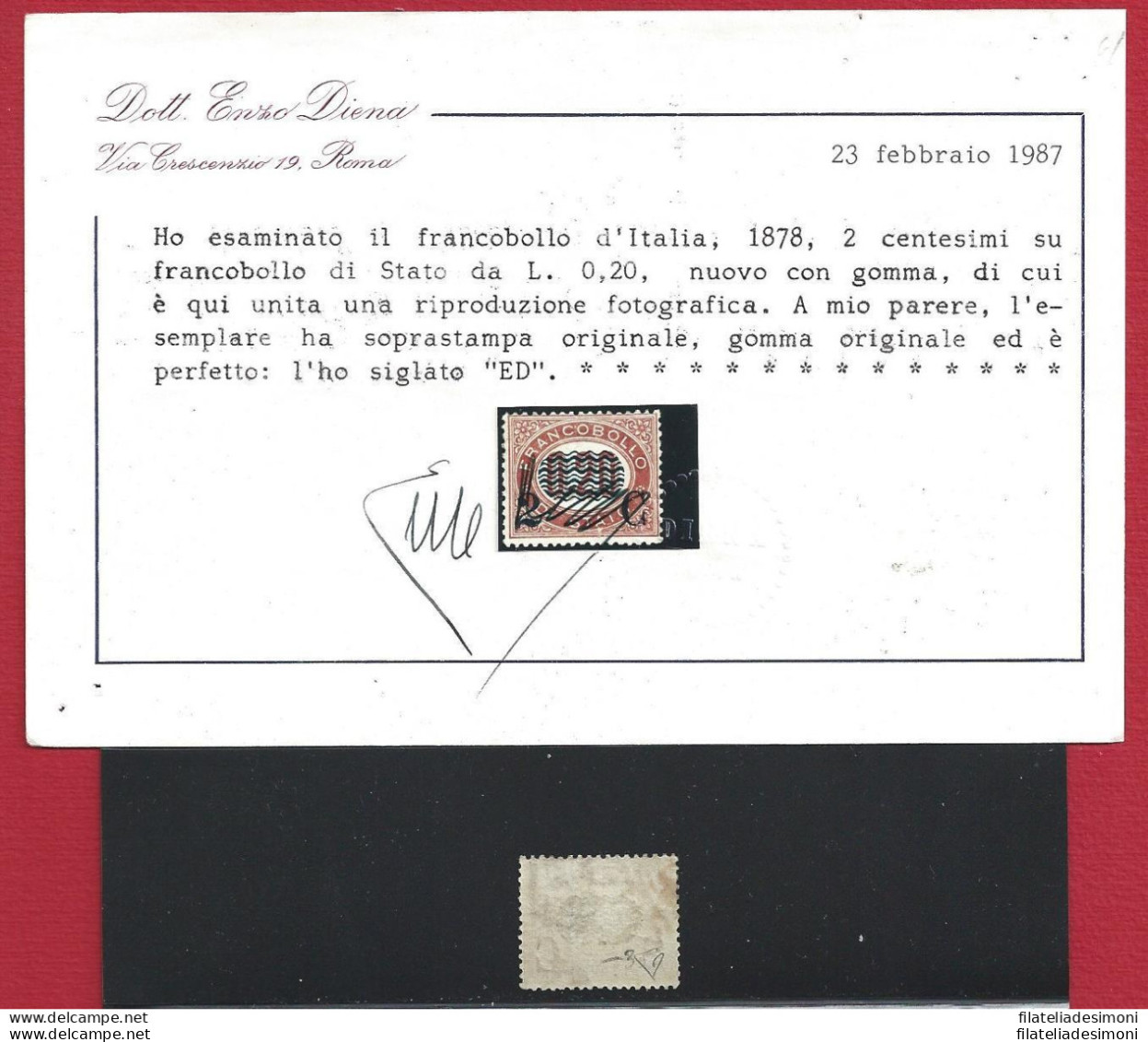 1878 Italia N. 31 Servizio Sovrastampato  MLH* Certificato Enzo Diena - Andere & Zonder Classificatie