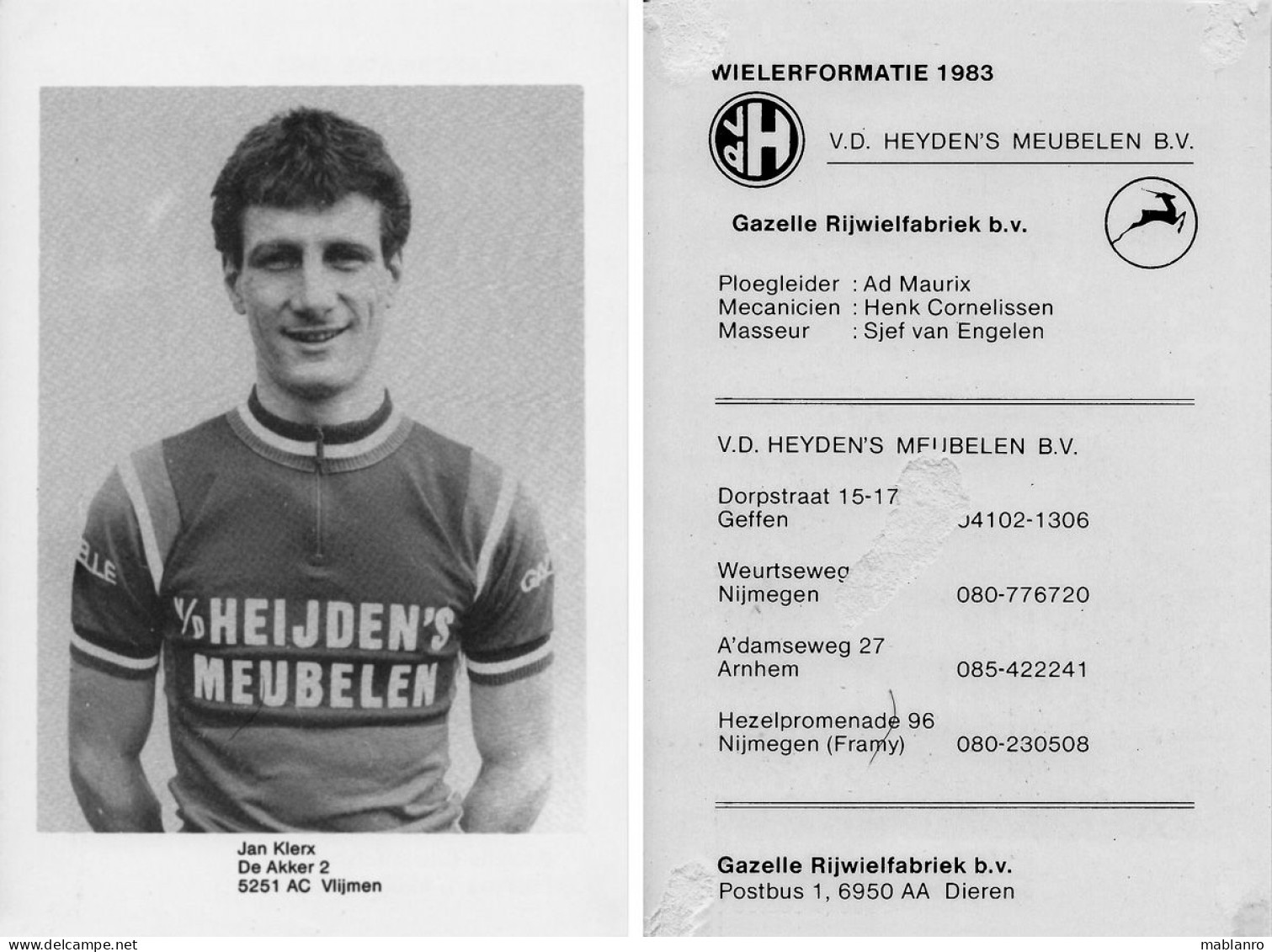 CARTE CYCLISME JAN KLERX TEAM VAN DER HEIJDENS 1983 ( VOIR PARTIE ARRIERE ) - Radsport