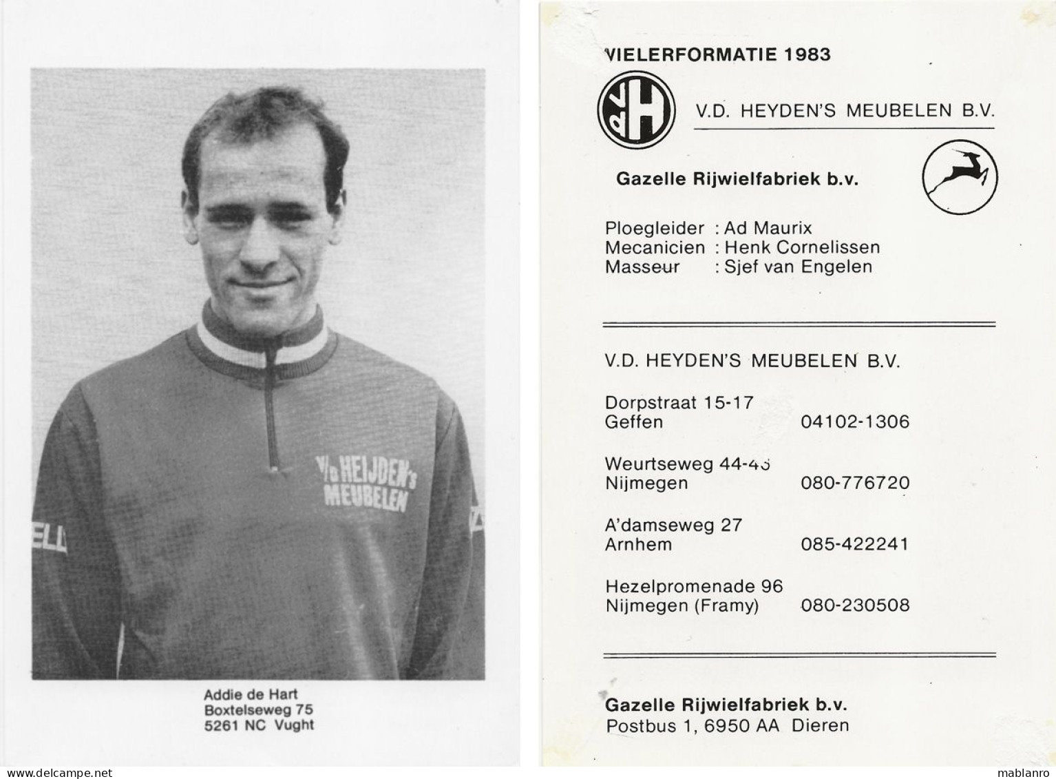 CARTE CYCLISME ADRIE DE HART TEAM VAN DER HEIJDENS 1983 ( VOIR PARTIE ARRIERE ) - Cyclisme