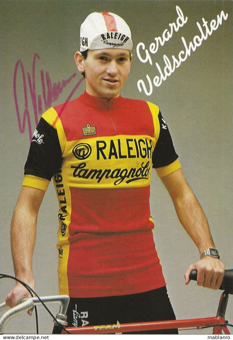 CARTE CYCLISME GERARD VELDSCHOLTEN SIGNEE TEAM RALEIGH 1983 - Cyclisme