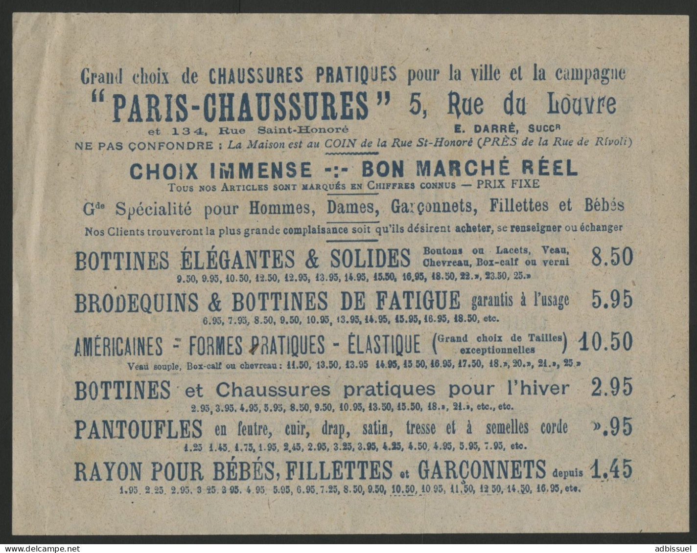 BILLET PUBLICITAIRE Mille Francs "PARIS CHAUSSURES" De Couleur Bleue, Au Verso Prix De Chaussures. Voir Suite - Fictifs & Spécimens