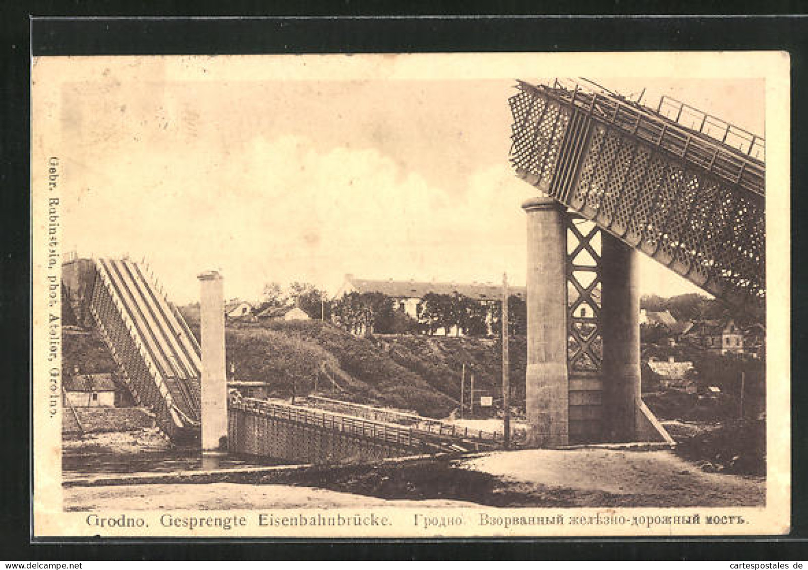 AK Grodno, Gesprengte Eisenbahnbrücke  - Rusland