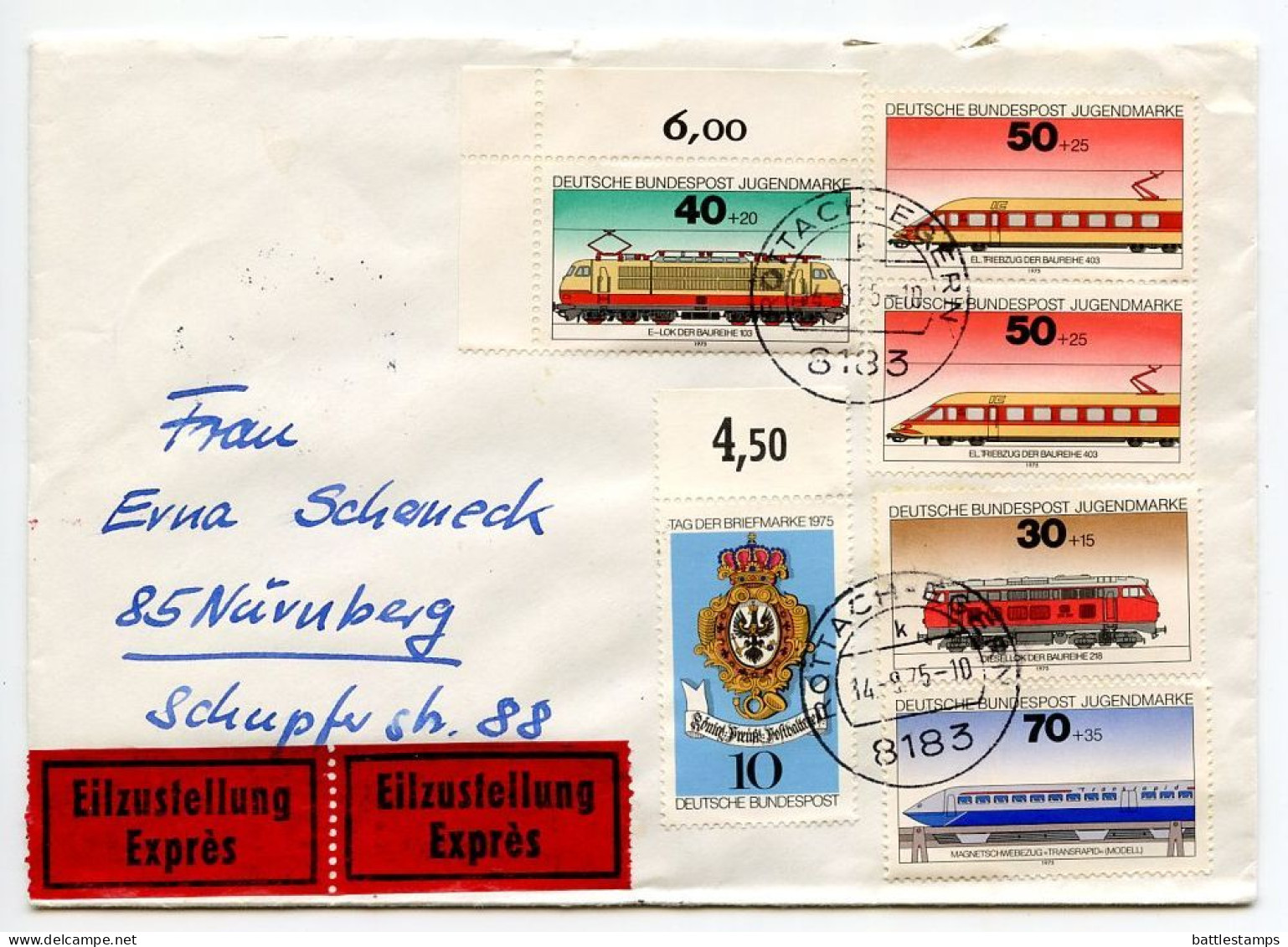 Germany, West 1975 Express / Eilzustellung Cover; Rottach-Egern To Nürnberg; Locomotives Semi-Postal Stamps - Lettres & Documents