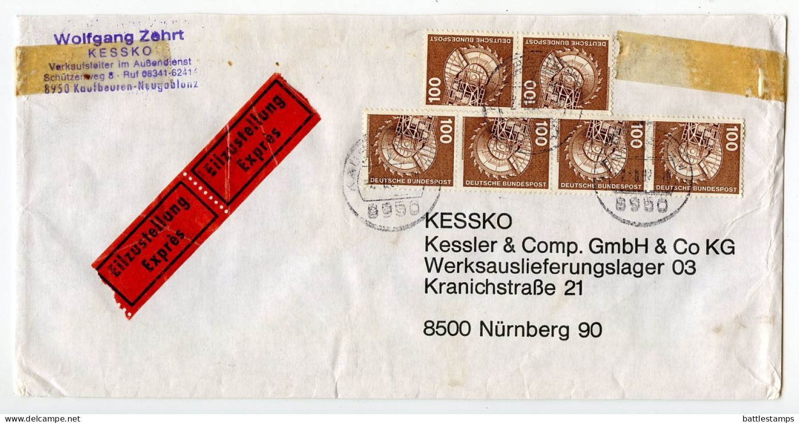 Germany, West 1987 Express / Eilzustellung Cover; Kaufbeuren To Nürnberg; 100pf. Coal Excavator Stamps X 6 - Lettres & Documents