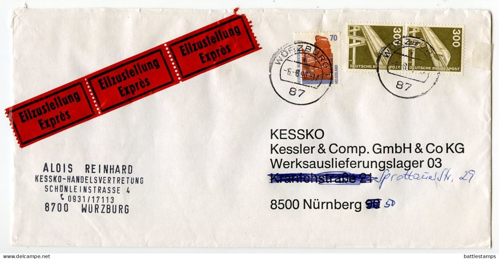 Germany, West 1990 Express / Eilzustellung Cover; Würzburg To Nürnberg; 70pf. Helgoland & 300pf. Electric Railway - Lettres & Documents