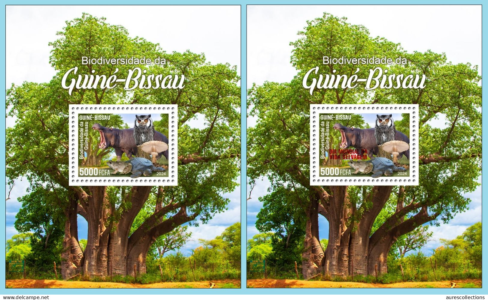 GUINEA BISSAU 2024 MS 1V - REG & OVERPRINT - MUSHROOMS OWL OWLS FROG FROGS TURTLE TURTLES HIPPOPOTAMUS BAOBAB MNH - Frogs