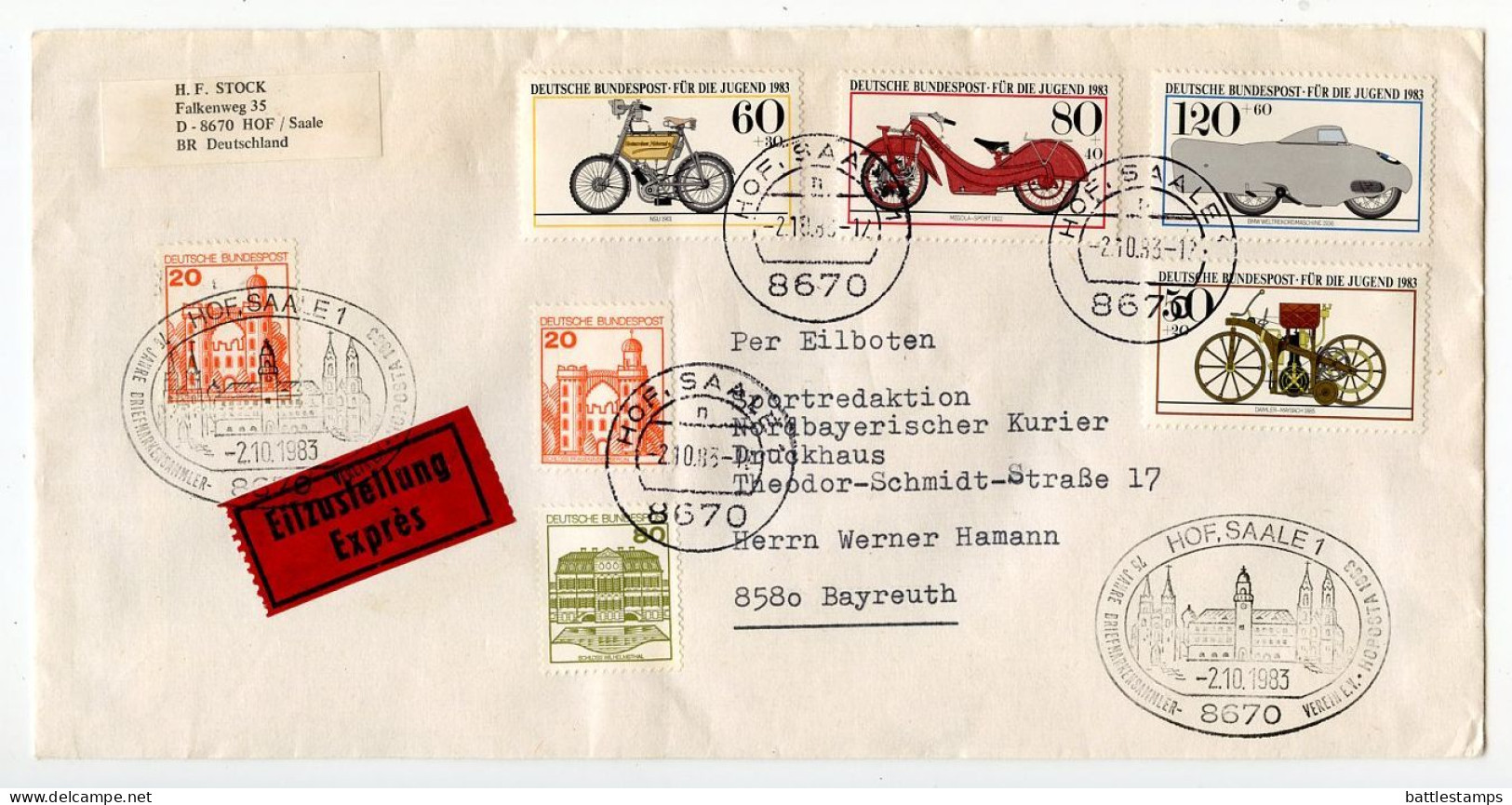 Germany, West 1983 Express / Eilzustellung Cover; Hof / Saale To Bayreuth; Historic Motorcycles Semi-postal Stamps - Lettres & Documents