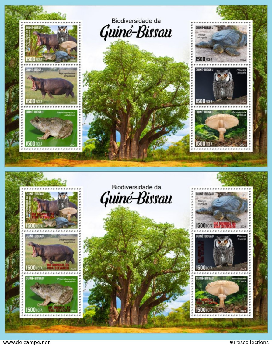 GUINEA BISSAU 2024 MS 6V - REG & OVERPRINT - MUSHROOMS OWL OWLS FROG FROGS TURTLE TURTLES HIPPOPOTAMUS BAOBAB MNH - Grenouilles