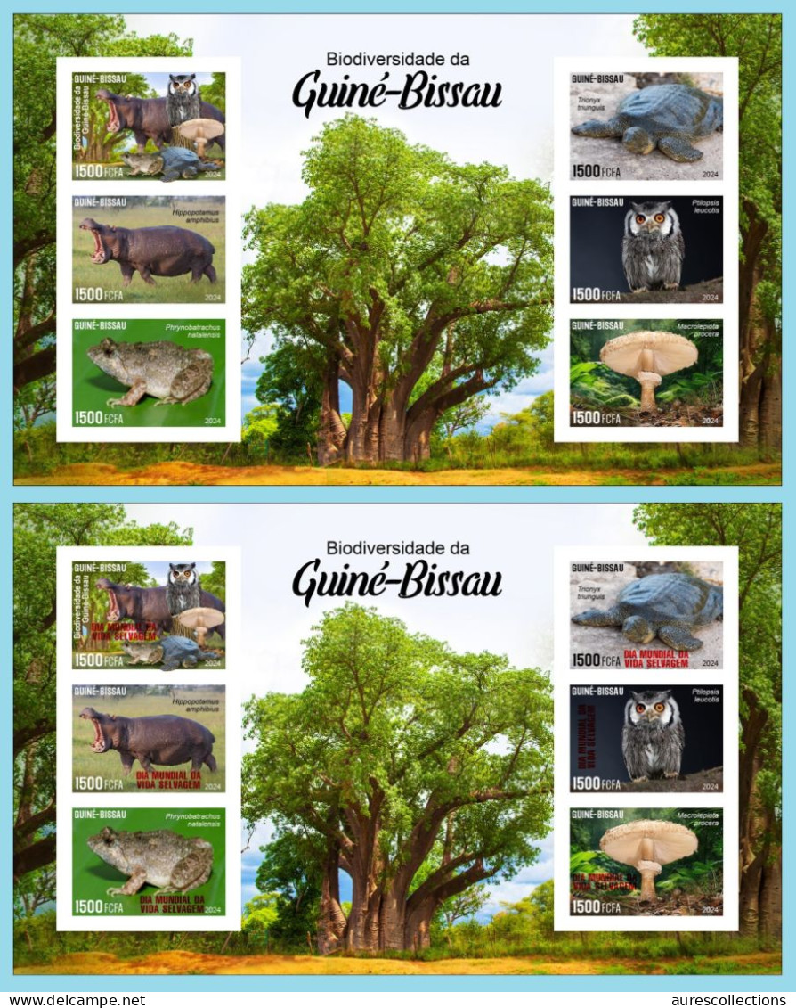 GUINEA BISSAU 2024 IMPERF MS 6V - REG & OVERPRINT - MUSHROOMS OWL OWLS FROG FROGS TURTLE TURTLES HIPPOPOTAMUS BAOBAB MNH - Grenouilles