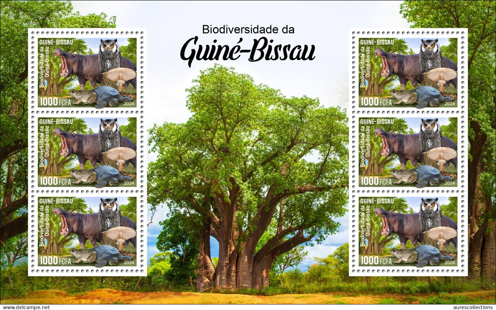 GUINEA BISSAU 2024 MS 6V - REG & OVERPRINT - MUSHROOMS OWL OWLS FROG FROGS TURTLE TURTLES HIPPOPOTAMUS BAOBAB MNH - Frogs