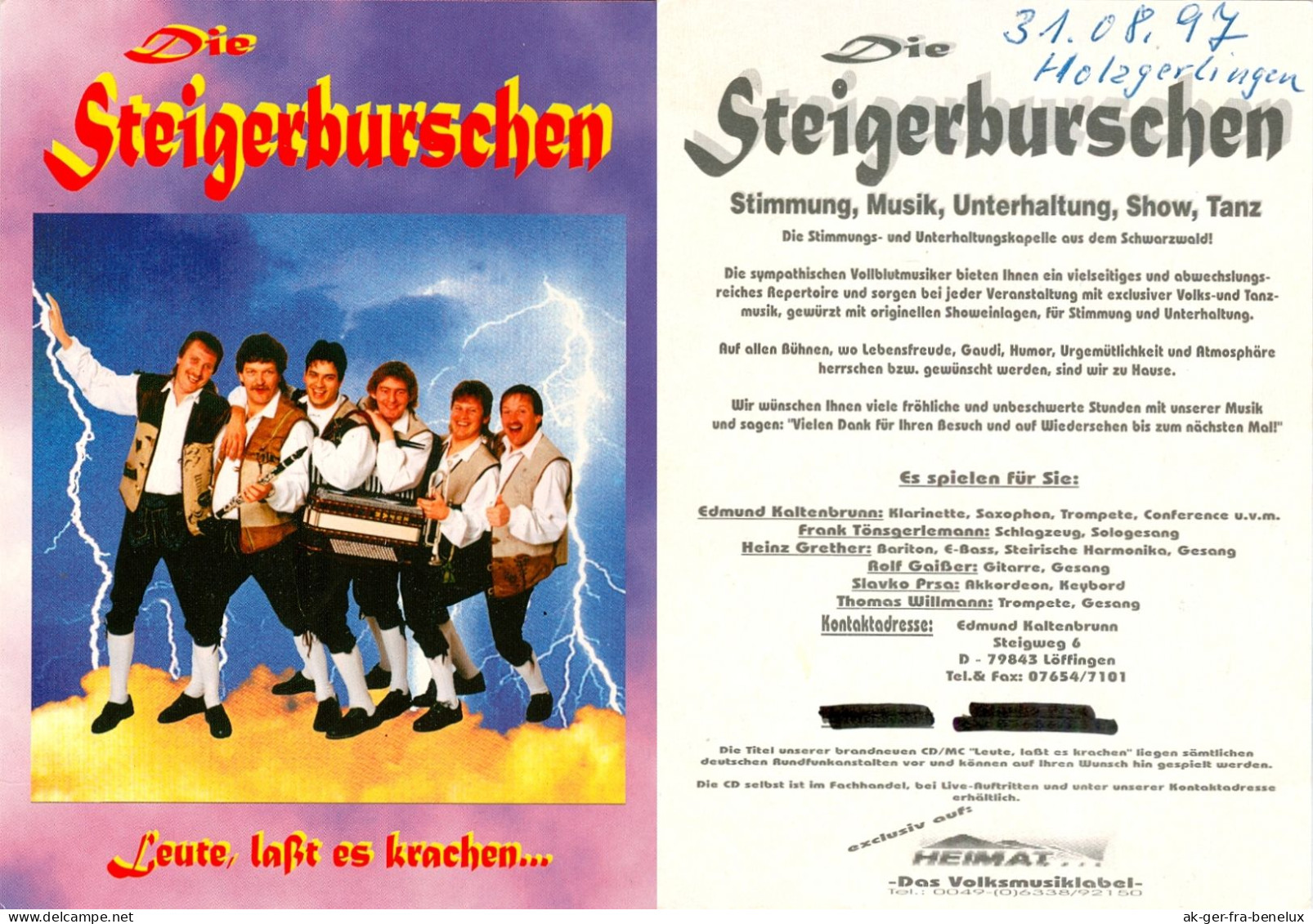 Autogrammkarte AK Musik Oberkrainer Die Steigerburschen Löffingen Schwarzwald Reiselfingen 1997 Breisgau-Hochschwarzwald - Cantanti E Musicisti