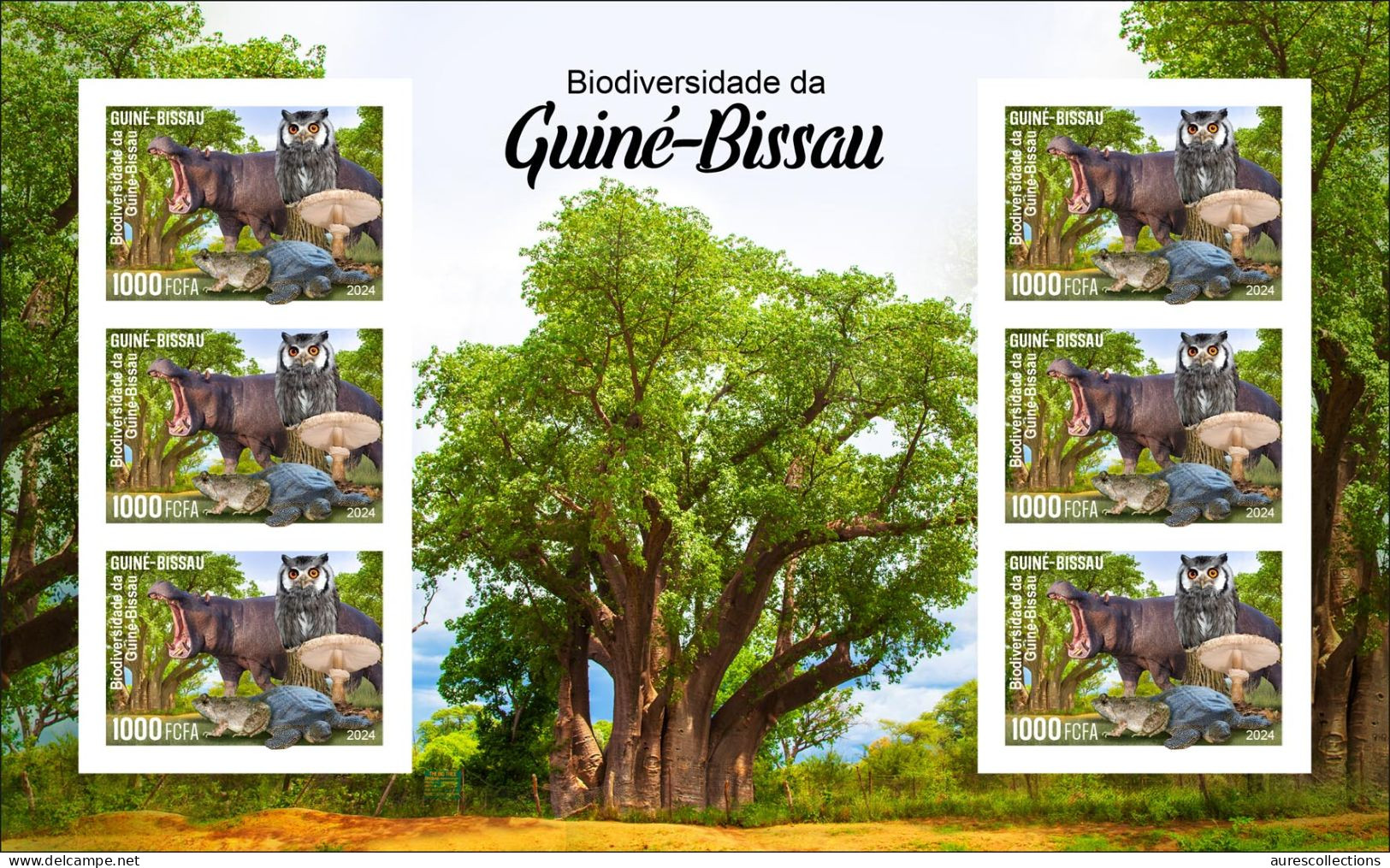 GUINEA BISSAU 2024 IMPERF MS 6V - REG & OVERPRINT - MUSHROOMS OWL OWLS FROG FROGS TURTLE TURTLES HIPPOPOTAMUS BAOBAB MNH - Rane