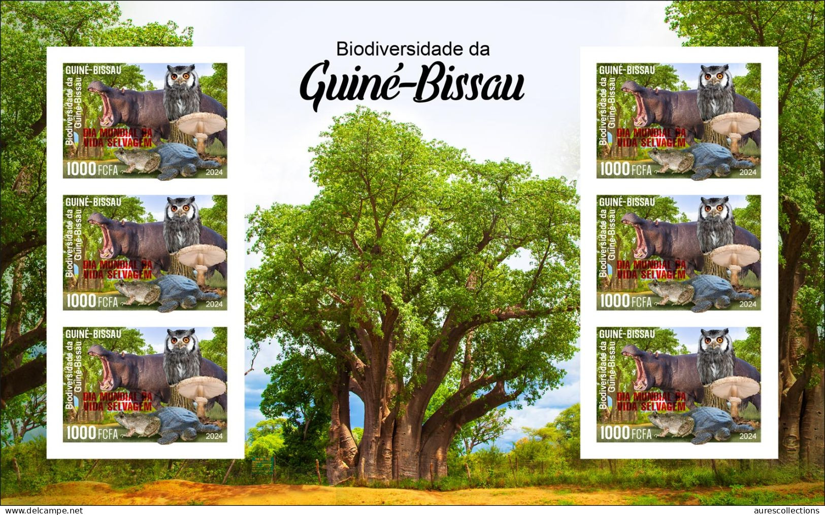 GUINEA BISSAU 2024 IMPERF MS 6V - REG & OVERPRINT - MUSHROOMS OWL OWLS FROG FROGS TURTLE TURTLES HIPPOPOTAMUS BAOBAB MNH - Frösche