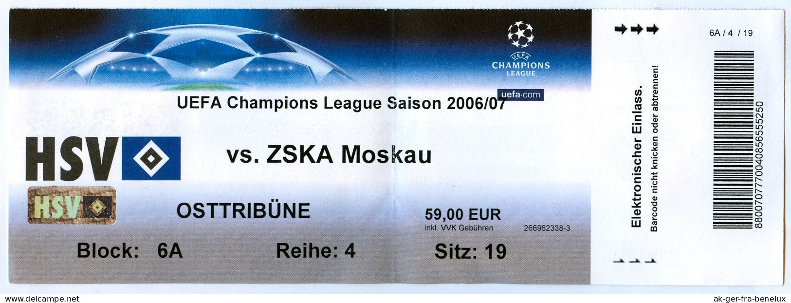 Fußball Eintrittskarte Ticket Hamburger SV - ZSKA Moskau 6.12.2006 CSKA Moscow Moskwa HSV Football UEFA Champions League - Tickets - Vouchers