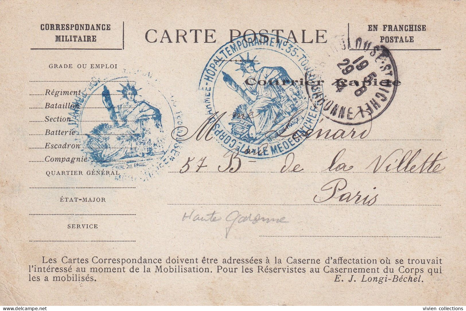 Toulouse (31) Carte En Franchise Postale Tampon Hôpital Temporaire N° 35 école Berthelot En 1914 - Guerre De 1914-18