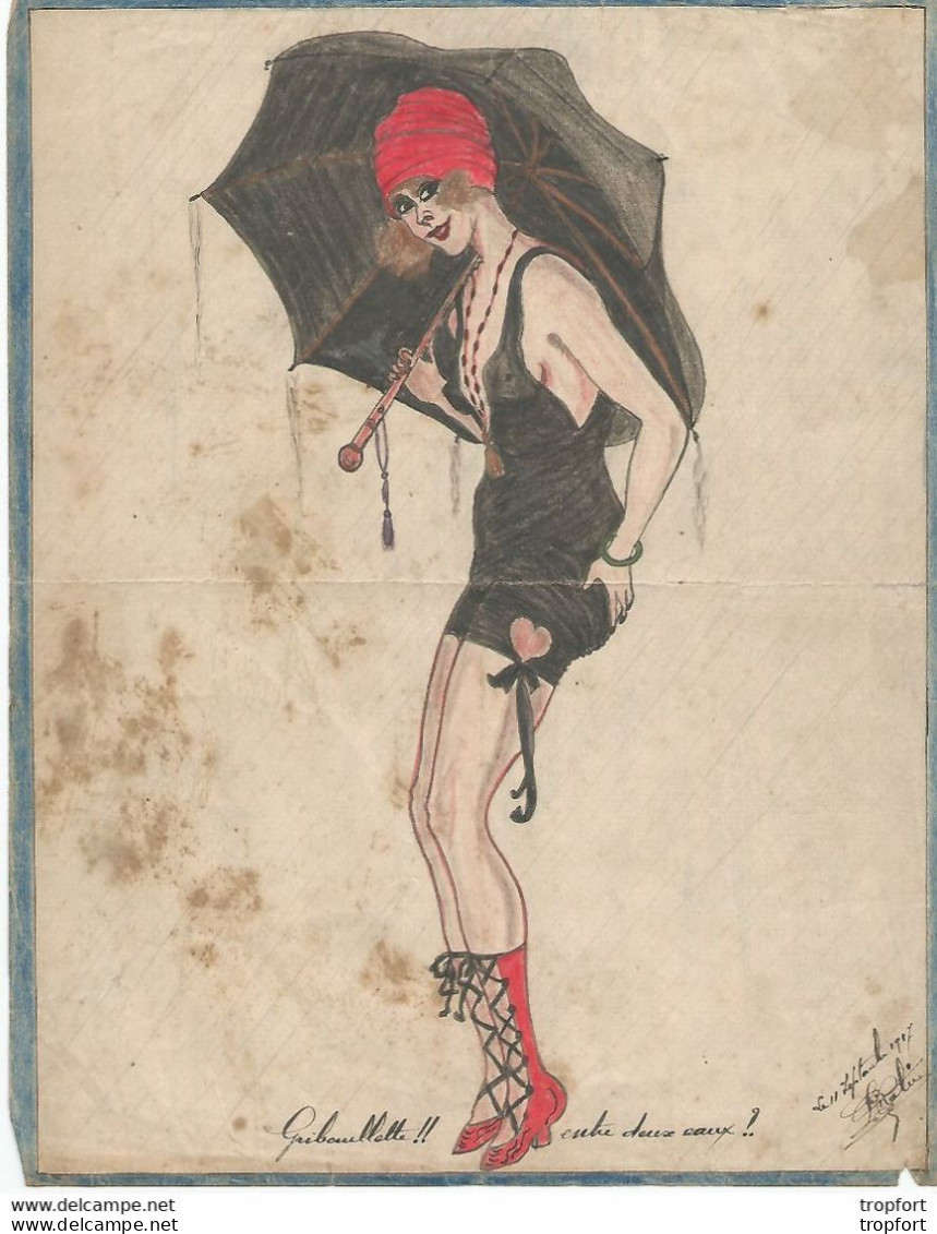 Original Drawing Woman / Dessin Original Femme 1907 Coloriage Signé / GRIBOULETTE Entre Deux Eaux ! Parapluie - Dibujos