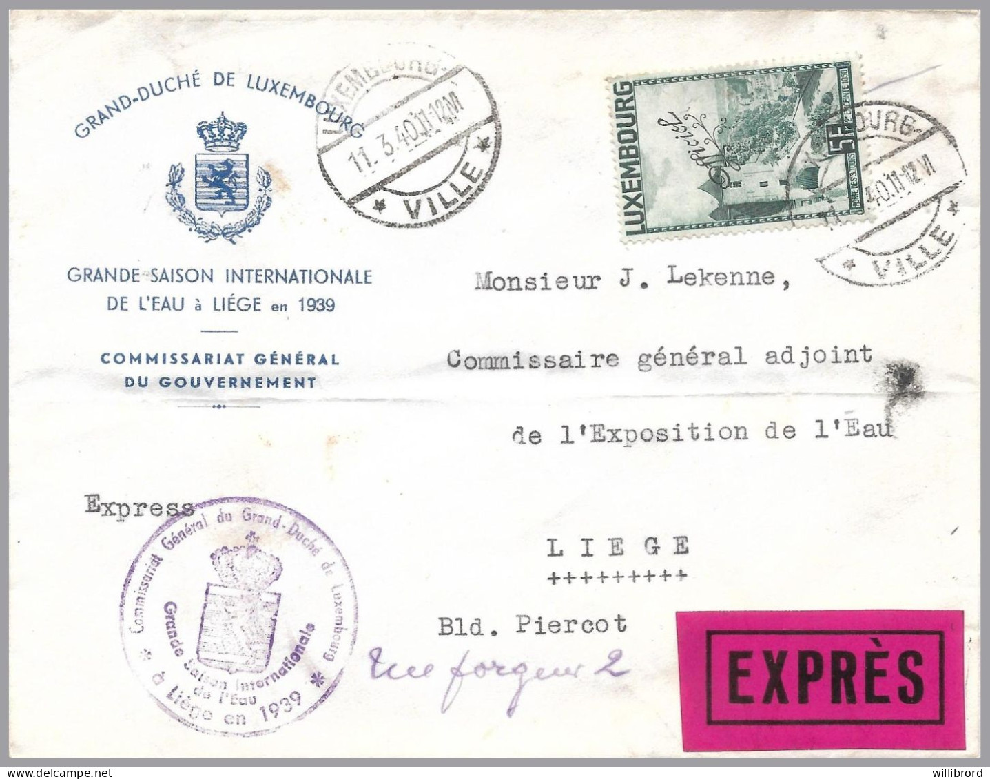 LUXEMBOURG 1940 OFFICIAL 5Fr Three-Towers - SOLE USE - Exprés To Int'l Water Exhibition, Liége, BELGIUM - Storia Postale