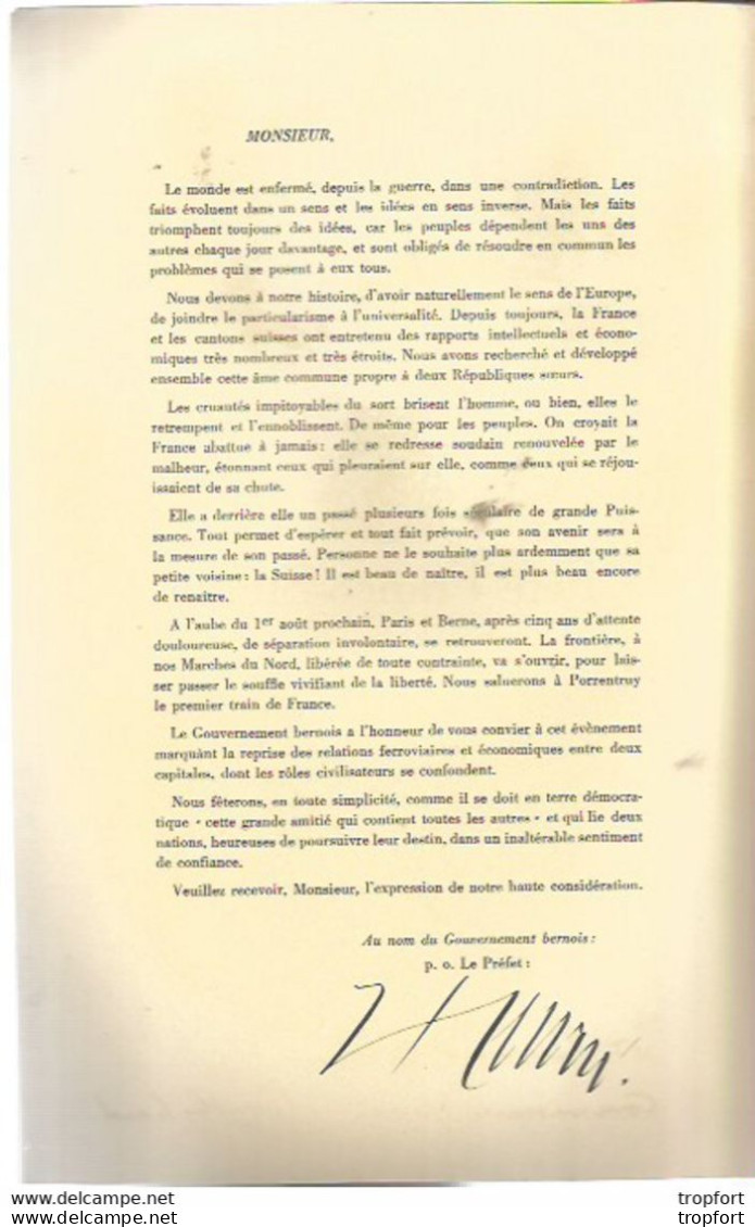 Programme PORRENTRUY DELLE BELFORT BERNE PARIS Fete FRANCO SUISSE 1945 Numéroté 91 - Programmes