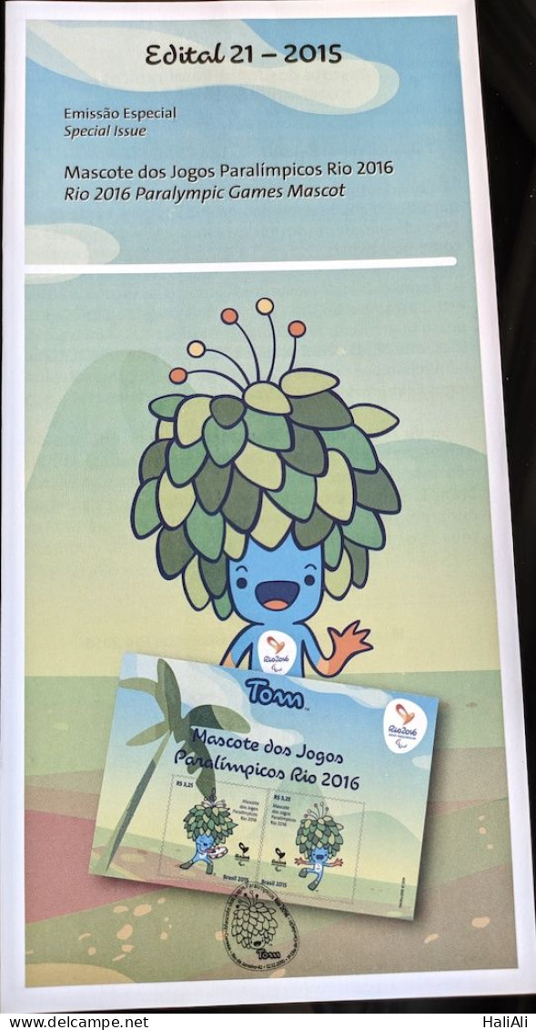 Brochure Brazil Edital 2015 21 Mascot Tom Paralimpiadas Rio De Janeiro Without Stamp - Covers & Documents