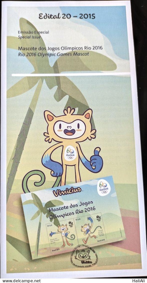 Brochure Brazil Edital 2015 20 Mascot Vinicius Rio De Janeiro Olympics Without Stamp - Lettres & Documents