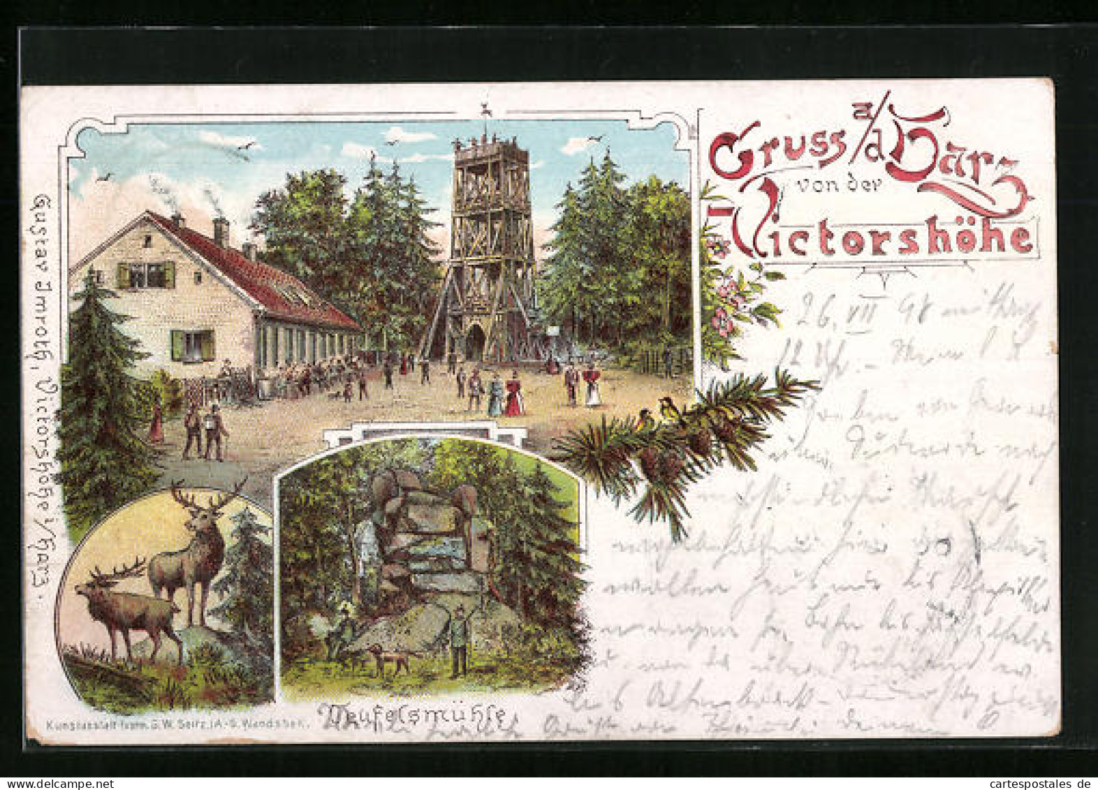 Lithographie Stolberg Im Harz, Gasthaus An Der Victorshöhe, Teufelsmühle, Rothirsche  - Stolberg (Harz)