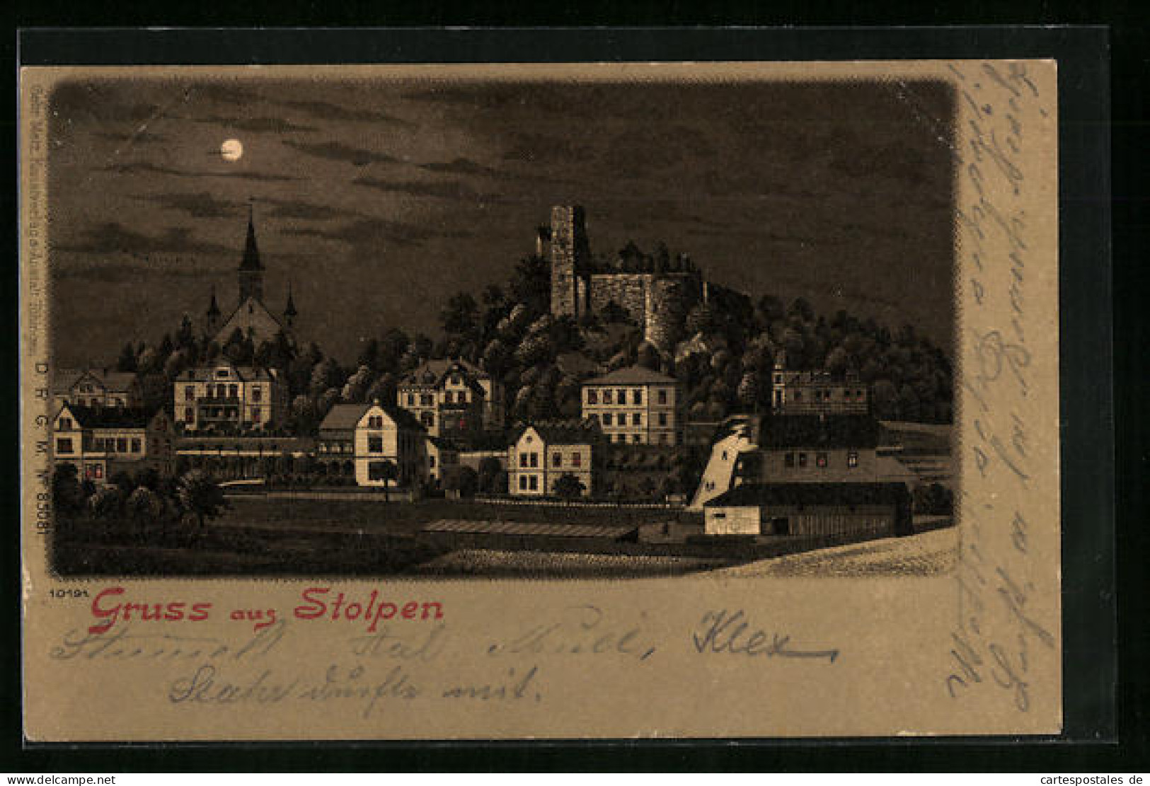 Mondschein-Lithographie Stolpen, Ortspartie Mit Burg Und Kirche Bei Vollmond  - Stolpen