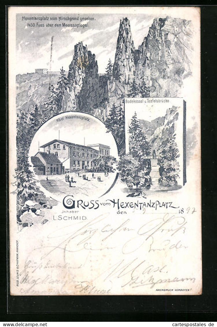 Lithographie Thale /Harz, Hotel Hexentanzplatz, Bodekessel Und Teufelsbrücke  - Thale