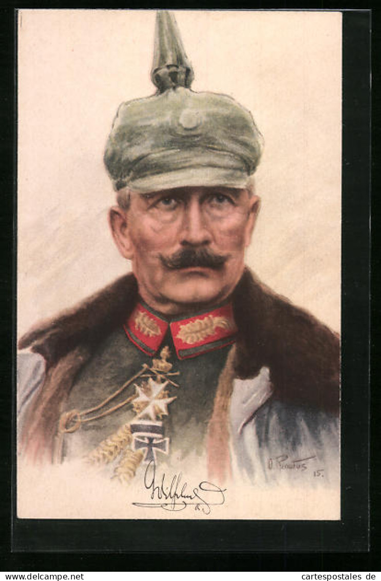 Künstler-AK Kaiser Wilhelm II. In Uniform Mit Pickelhaube  - Royal Families