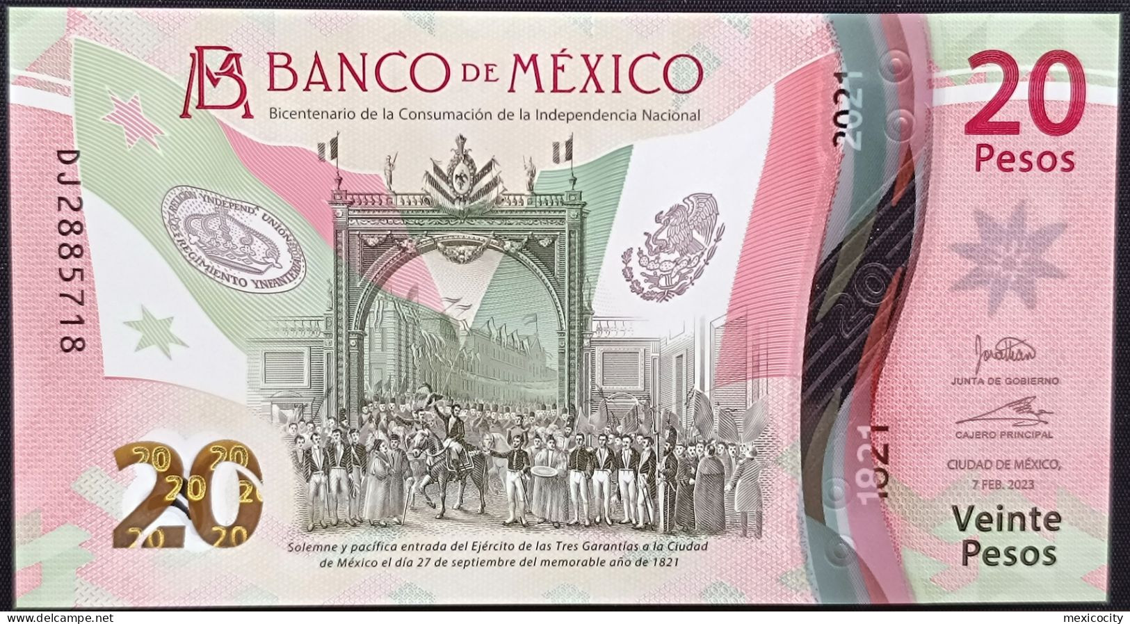 MEXICO $20 ! SERIES DJ NEW 7-FEBR-2023 DATE ! Jonathan Heat Sign. INDEPENDENCE POLYMER NOTE Read Descr. For Notes - Mexico