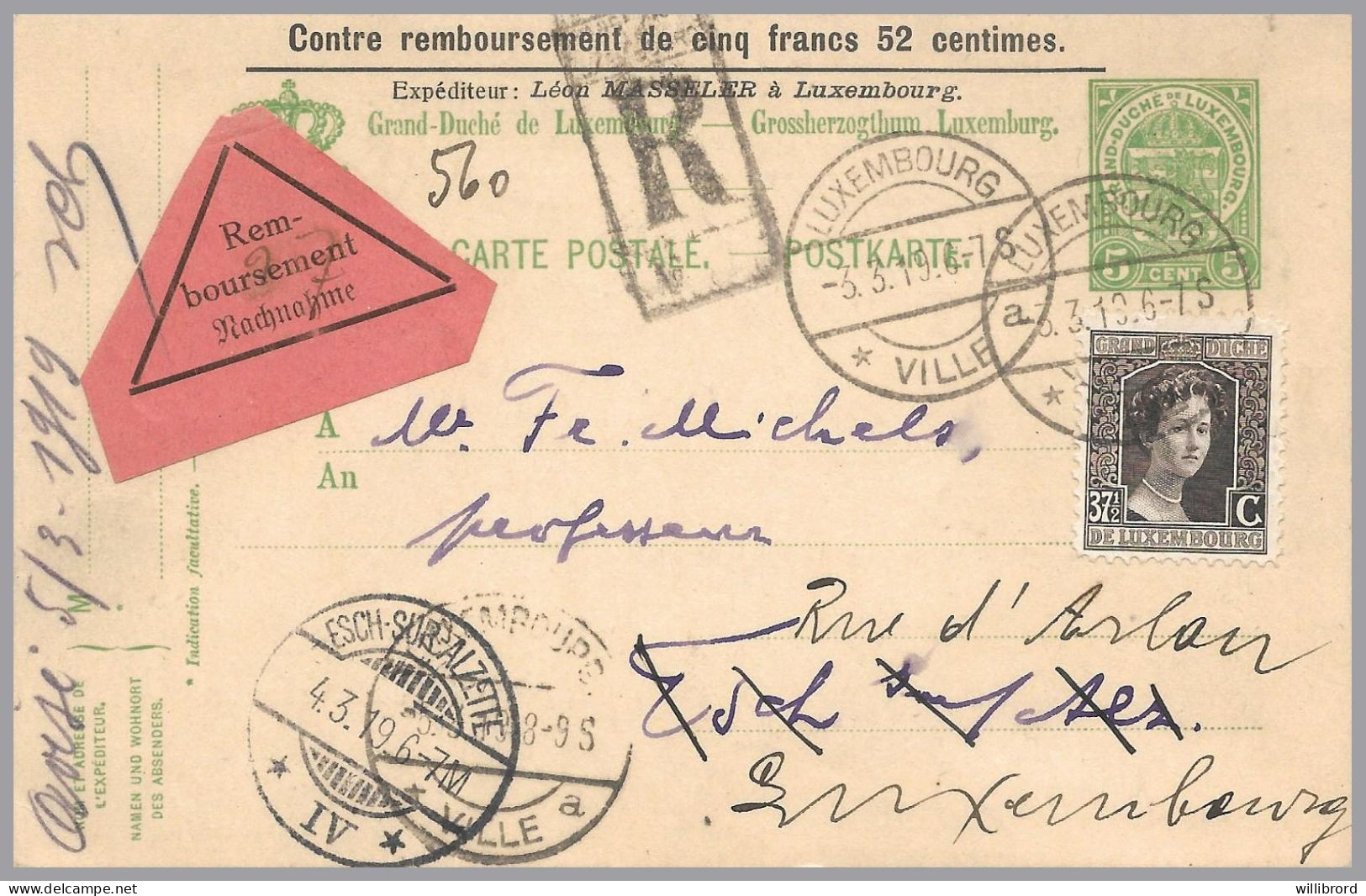 LUXEMBOURG - 1919 37½c Marie-Adélaïde Uprates 5c Arms PC - Domestic Remboursement Use - 1907-24 Scudetto