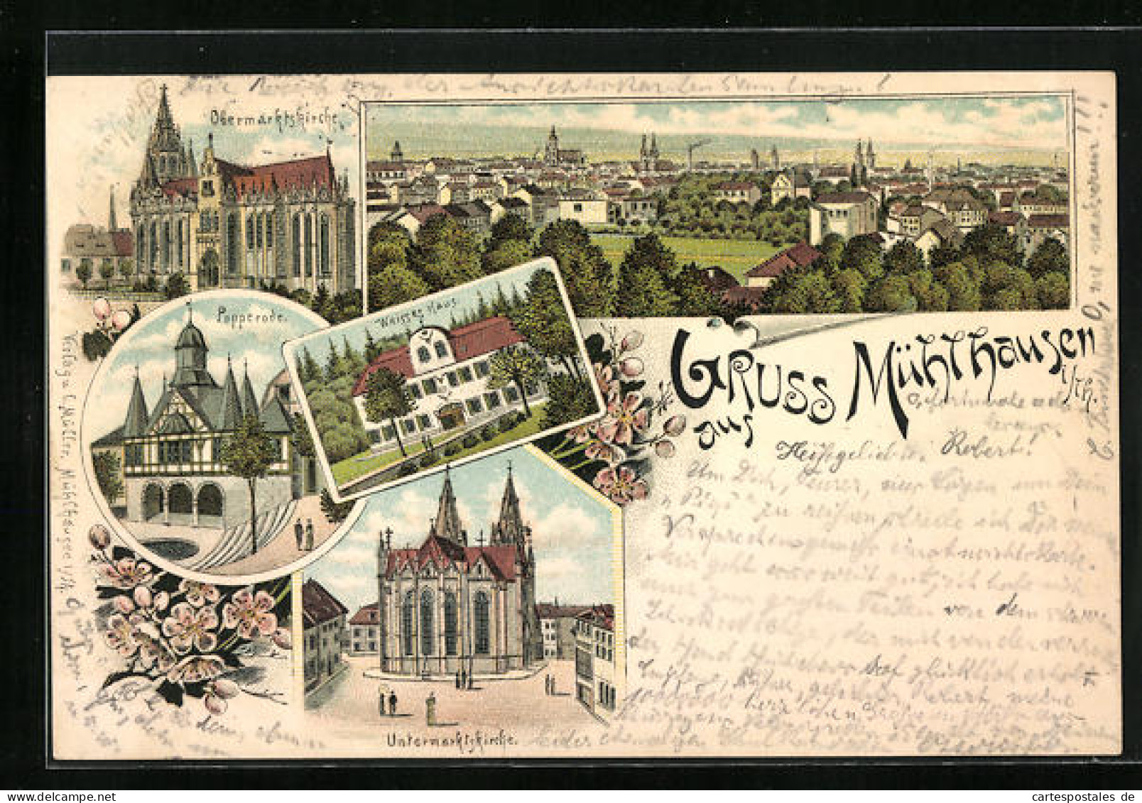 Lithographie Mühlhausen I. Th., Popperode, Weisses Haus, Kirchen  - Mühlhausen