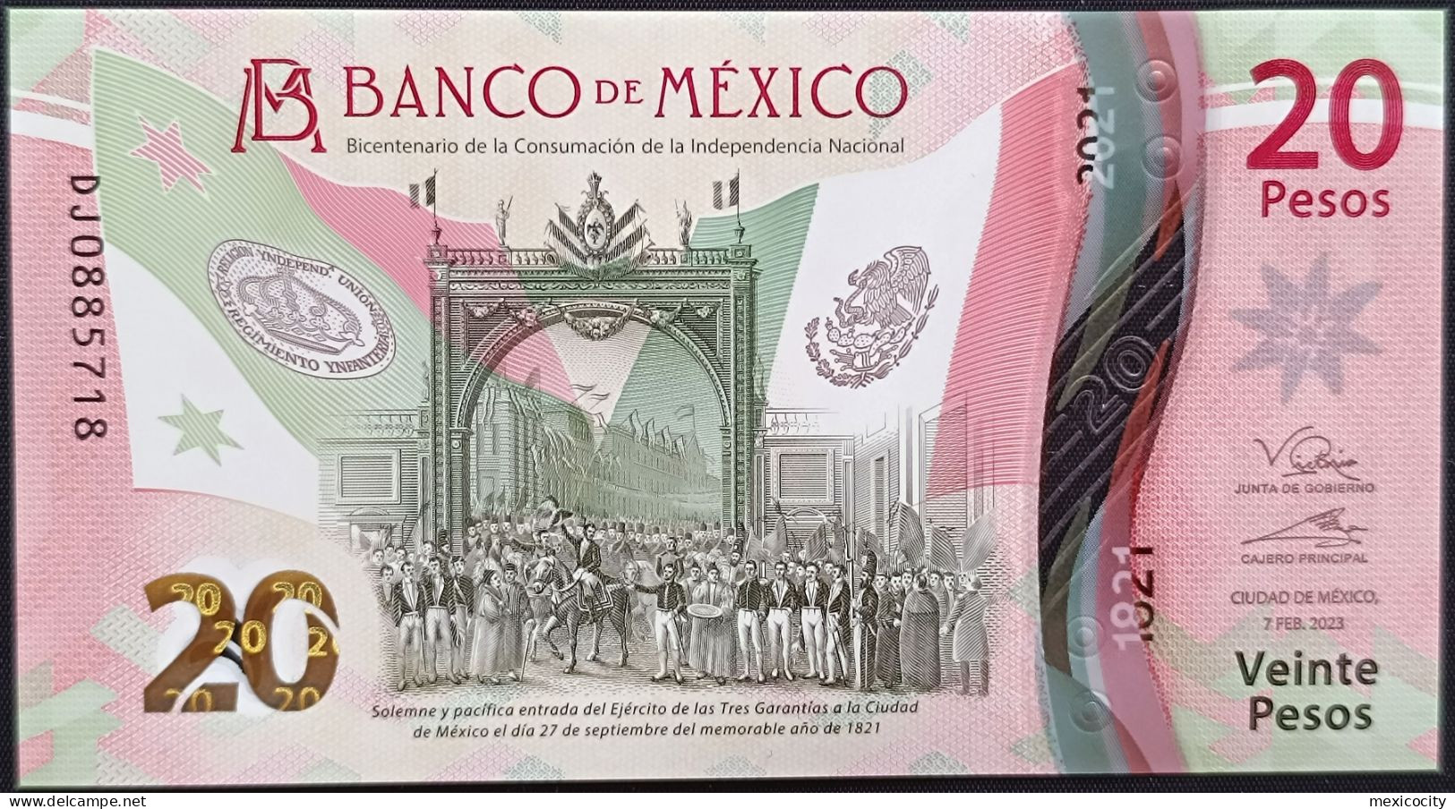 MEXICO $20 ! SERIES DJ NEW 7-FEBR-2023 DATE ! Victoria Rod. Sign. INDEPENDENCE POLYMER NOTE Read Descr. For Notes - Mexico