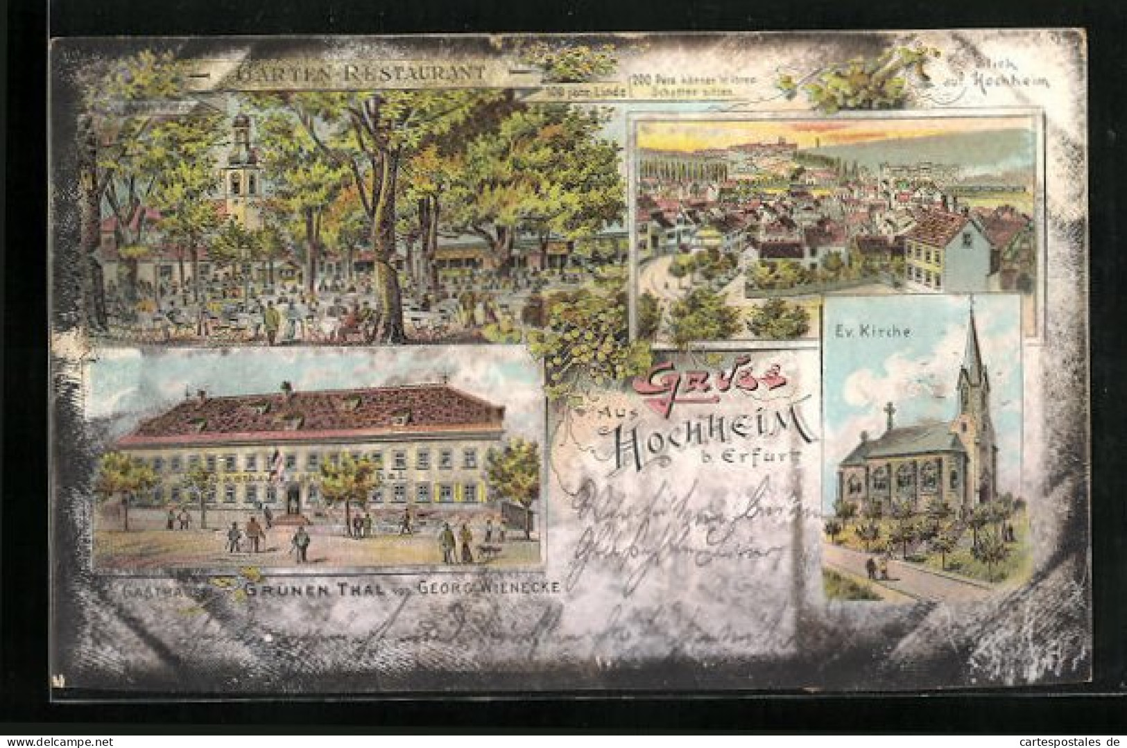 Lithographie Hochheim B. Erfurt, Gasthaus Zum Grünen Thal, Ev. Kirche  - Erfurt