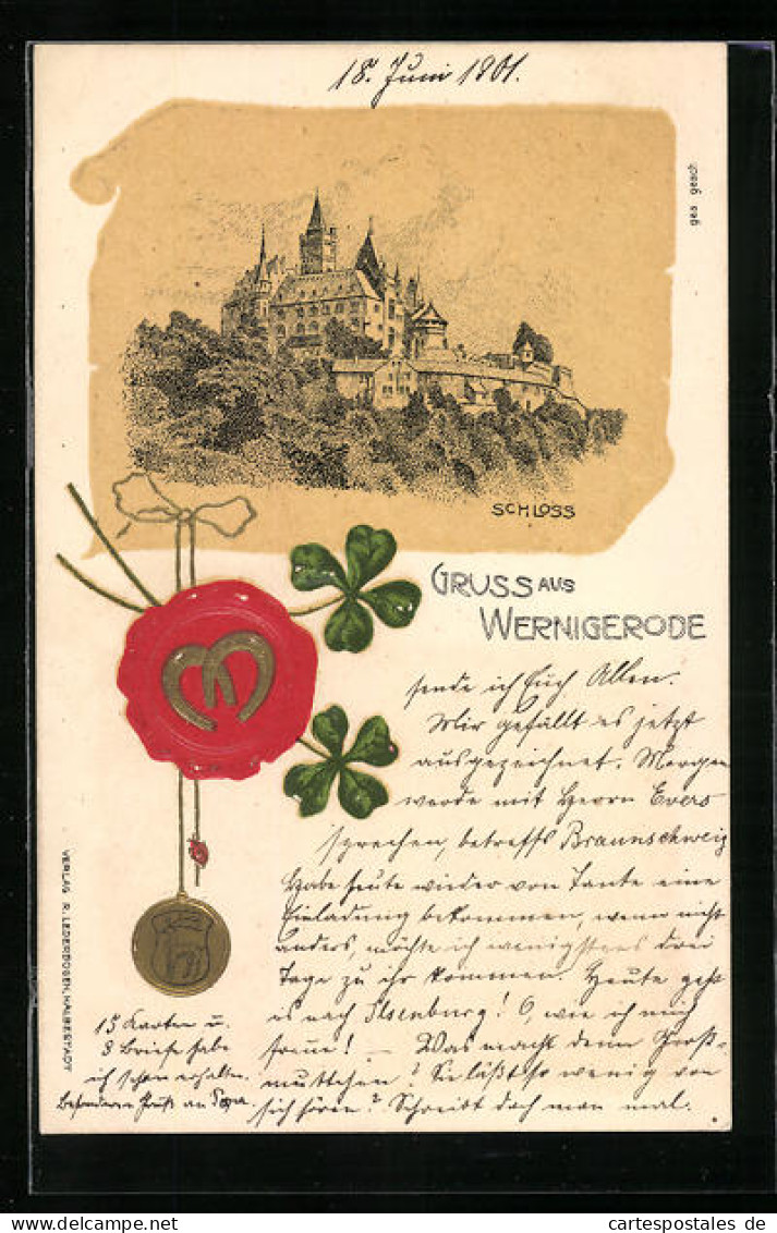 Lithographie Wernigerode, Darstellung Vom Schloss, Siegel Mit Hufeisen  - Wernigerode