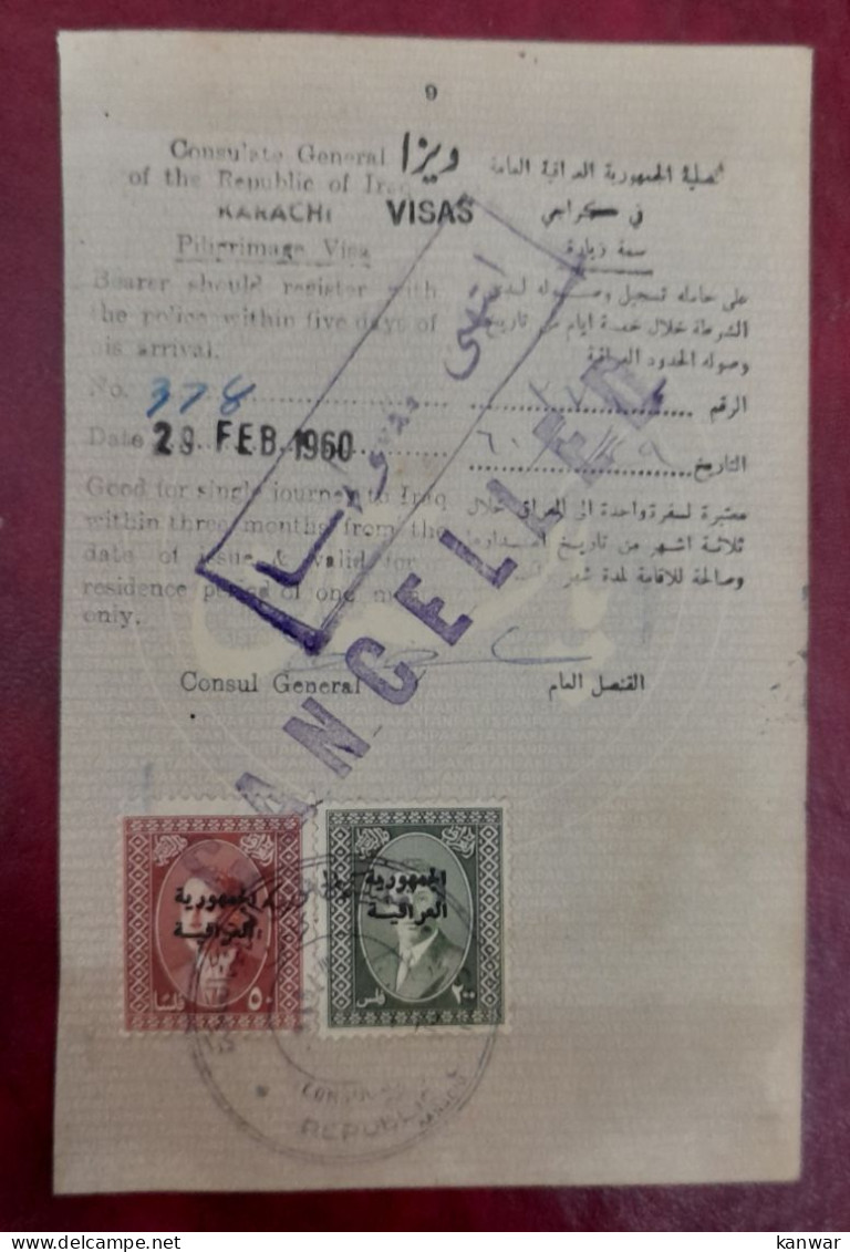 1960 Iraq Two Revenue O/p Stamp On Visa Page Fiscal - Iraq