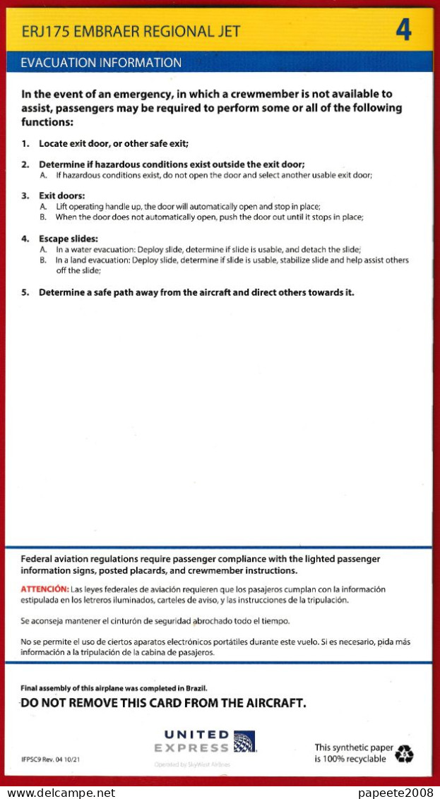 United Express / ERJ175 (OO) - 10-2021 / Consignes De Sécurité / Safety Card (grand Format) - Fichas De Seguridad