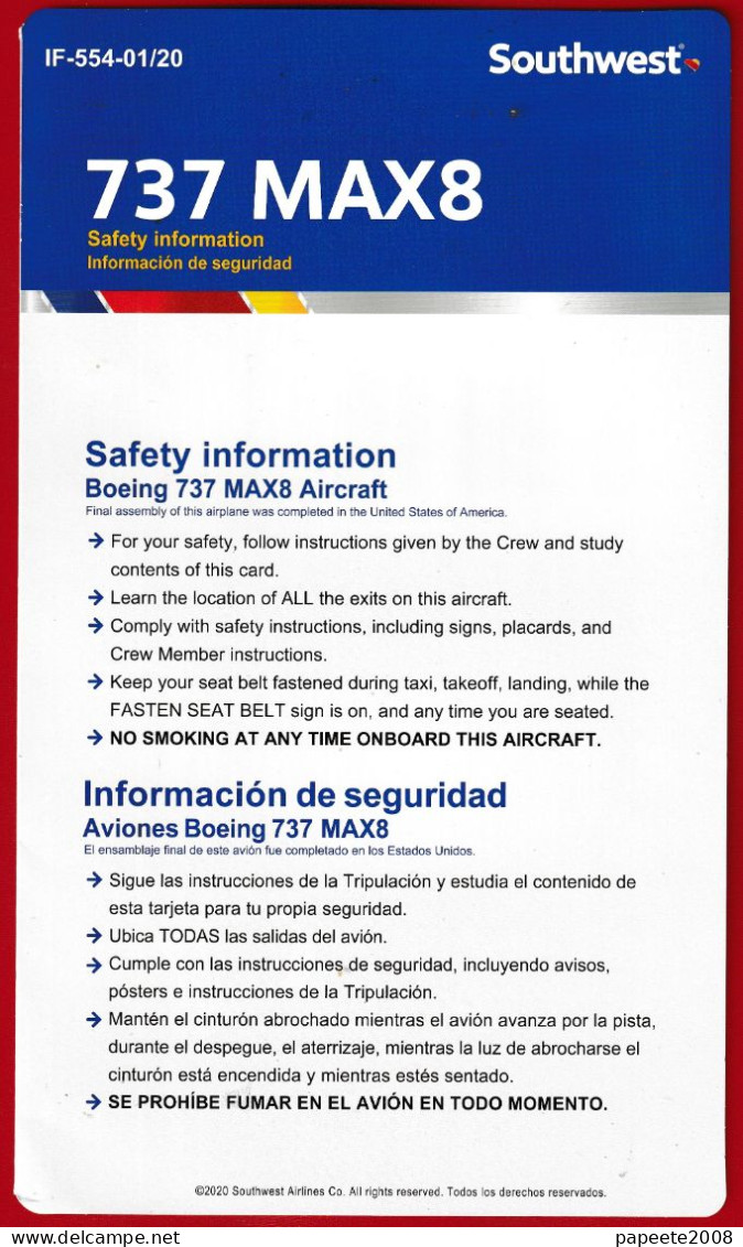 Southwest / 737 MAX8 - 2020 / Consignes De Sécurité / Safety Card (grand Format) - Consignes De Sécurité