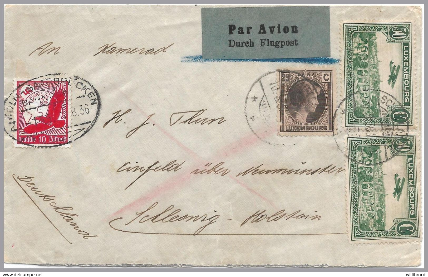 LUXEMBOURG - 1936 GERMANY MIXED AIRMAIL FRANKING - Schifflange To Einfeld - Briefe U. Dokumente