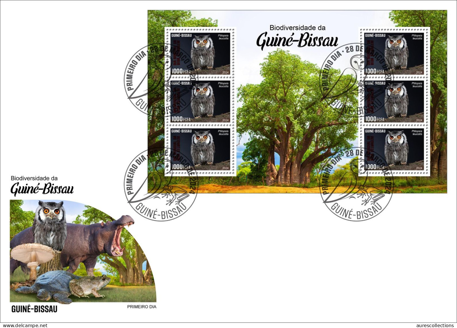 GUINEA BISSAU 2024 FDC MS 6V - REG & OVERPRINT - OWL OWLS HIBOU HIBOUX - BIODIVERSITY - WILDLIFE WORLD DAY - Eulenvögel