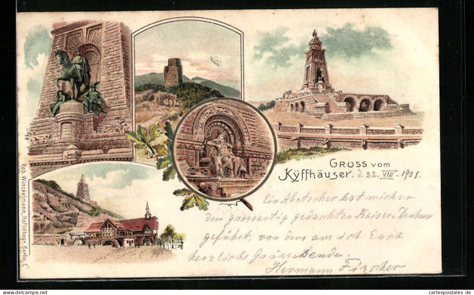 Lithographie Kyffhäuser, Kyffhäuser-Denkmal, Barbarossa, Reiterstandbild  - Kyffhaeuser