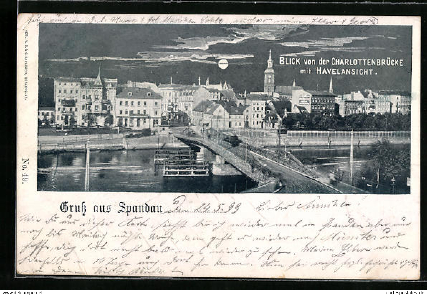AK Berlin-Spandau, Blick Von Der Charlottenbrücke Mit Havelansicht Bei Mondschein  - Spandau